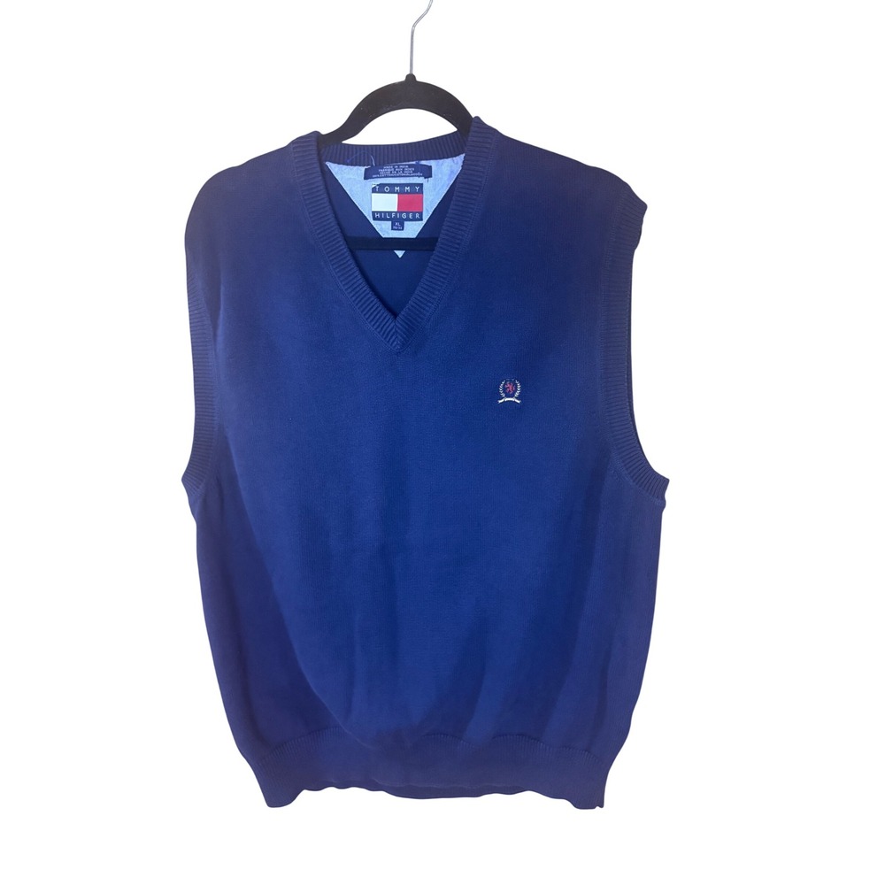 Vintage Tommy Hilfiger Mens Navy Blue Cotton V-Neck Sweater Vest XL Crest Logo